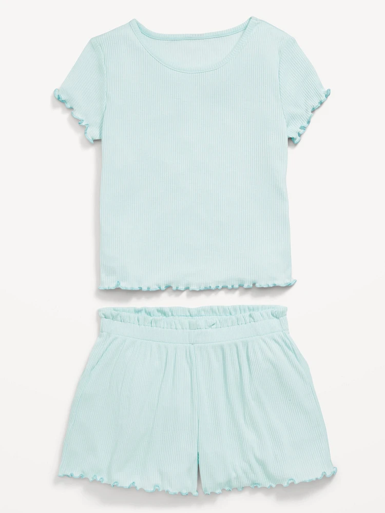 Ribbed Lettuce-Edge Pajama Top and Shorts Set for Girls