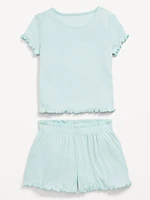 Ribbed Lettuce-Edge Pajama Top and Shorts Set for Girls