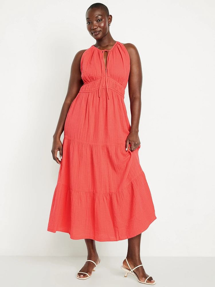 Fit & Flare Crinkle Gauze Maxi Dress