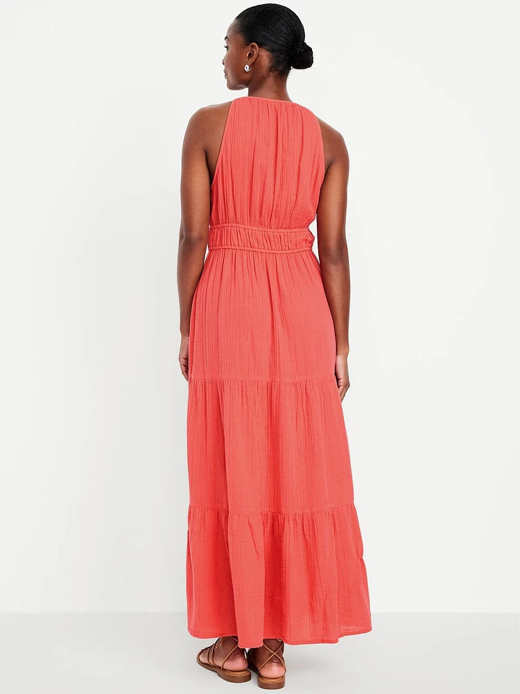 Fit & Flare Crinkle Gauze Maxi Dress