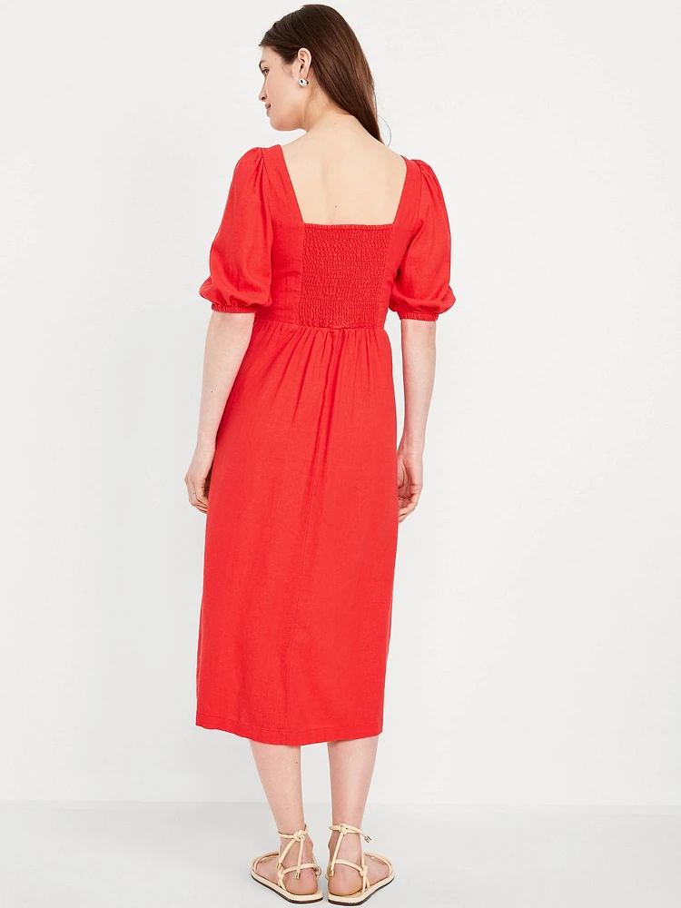 Linen-Blend Button-Front Midi Dress