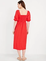 Linen-Blend Button-Front Midi Dress