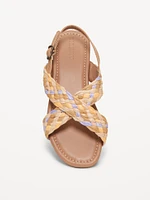 Faux-Leather Raffia Cross-Strap Sandals for Girls