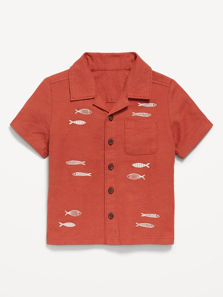 Short-Sleeve Embroidered Linen-Blend Shirt for Toddler Boys