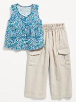 Sleeveless Button-Front Top and Cargo Pants Set for Toddler Girls
