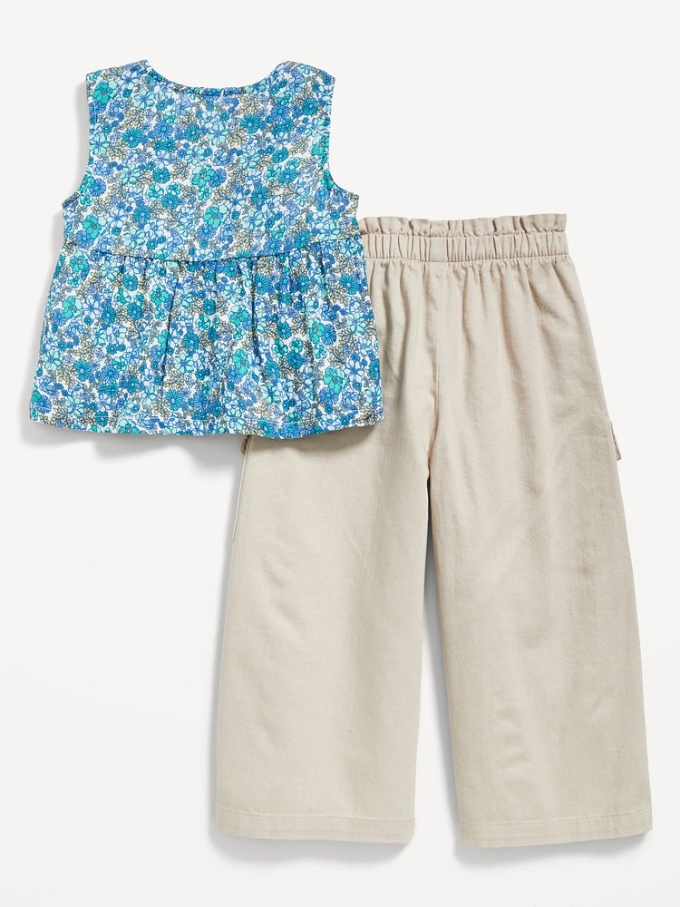 Sleeveless Button-Front Top and Cargo Pants Set for Toddler Girls