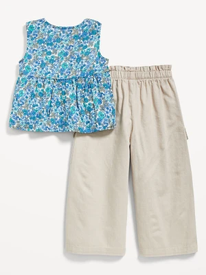 Sleeveless Button-Front Top and Cargo Pants Set for Toddler Girls