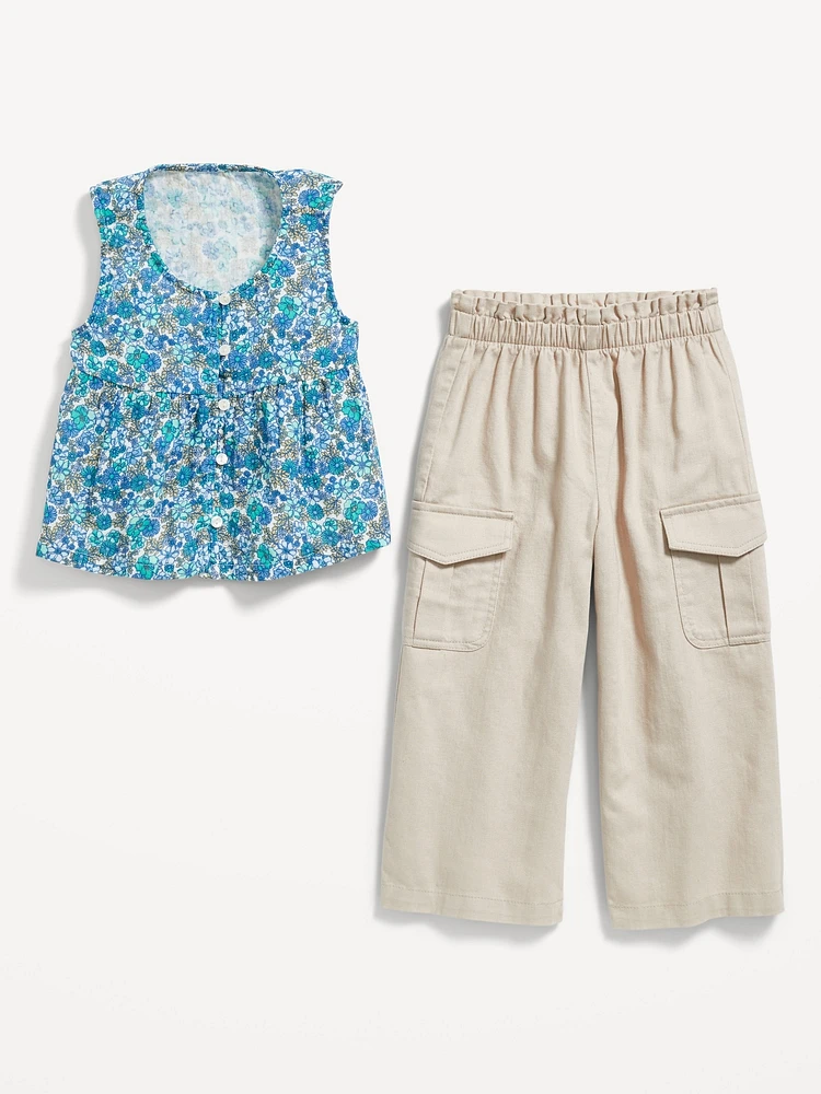 Sleeveless Button-Front Top and Cargo Pants Set for Toddler Girls