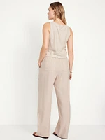 High-Waisted Linen-Blend Straight Pants