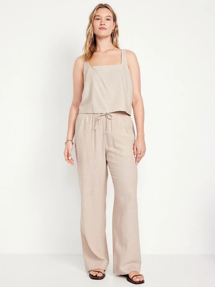 High-Waisted Linen-Blend Straight Pants