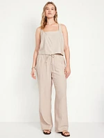 High-Waisted Linen-Blend Straight Pants