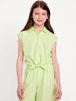 Button-Front Tie-Knot Linen-Blend Shirt for Girls