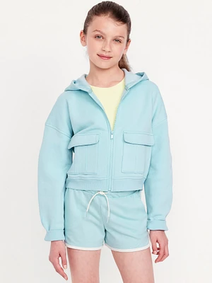 Cropped Zip-Front Cargo Pocket Hoodie for Girls