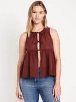 Sleeveless Crinkle Gauze Tie-Front Top
