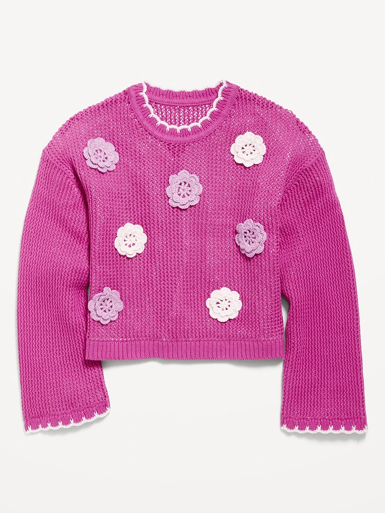 Long-Sleeve Crochet-Floral Sweater for Girls