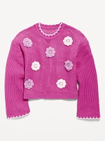 Long-Sleeve Crochet-Floral Sweater for Girls