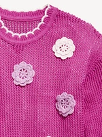 Long-Sleeve Crochet-Floral Sweater for Girls