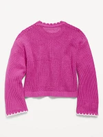 Long-Sleeve Crochet-Floral Sweater for Girls