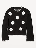 Long-Sleeve Crochet-Floral Sweater for Girls