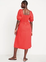 Linen-Blend Button-Front Midi Dress