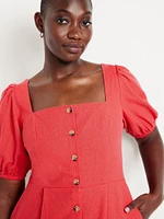 Linen-Blend Button-Front Midi Dress