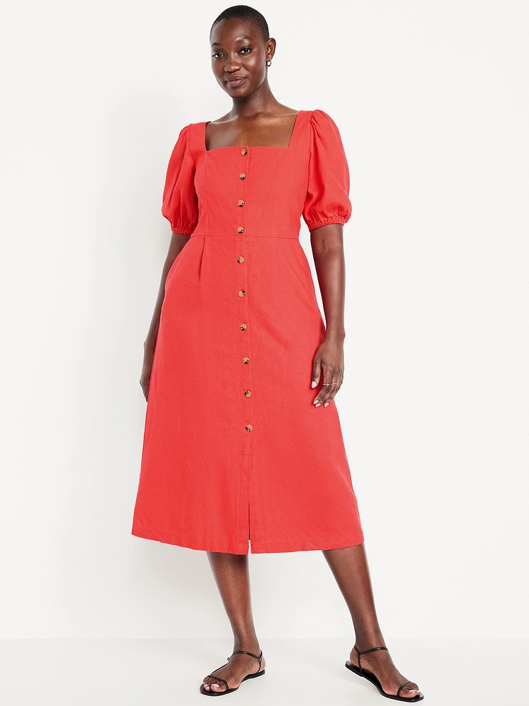 Linen-Blend Button-Front Midi Dress