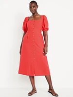 Linen-Blend Button-Front Midi Dress