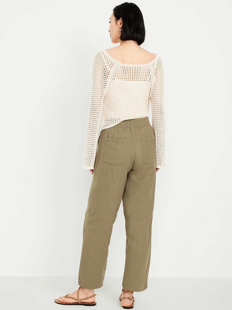 High-Waisted Linen-Blend Straight Ankle Pants