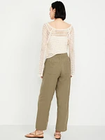 High-Waisted Linen-Blend Straight Ankle Pants
