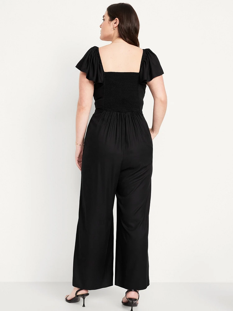 Fit & Flare Flutter-Sleeve Crepe Jumpsuit