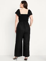 Fit & Flare Flutter-Sleeve Crepe Jumpsuit