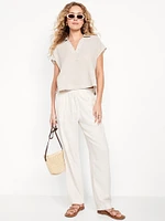 Linen-Blend Cropped Popover Shirt