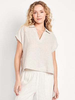 Linen-Blend Cropped Popover Shirt
