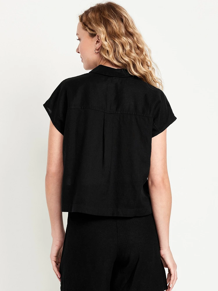 Linen-Blend Cropped Popover Shirt