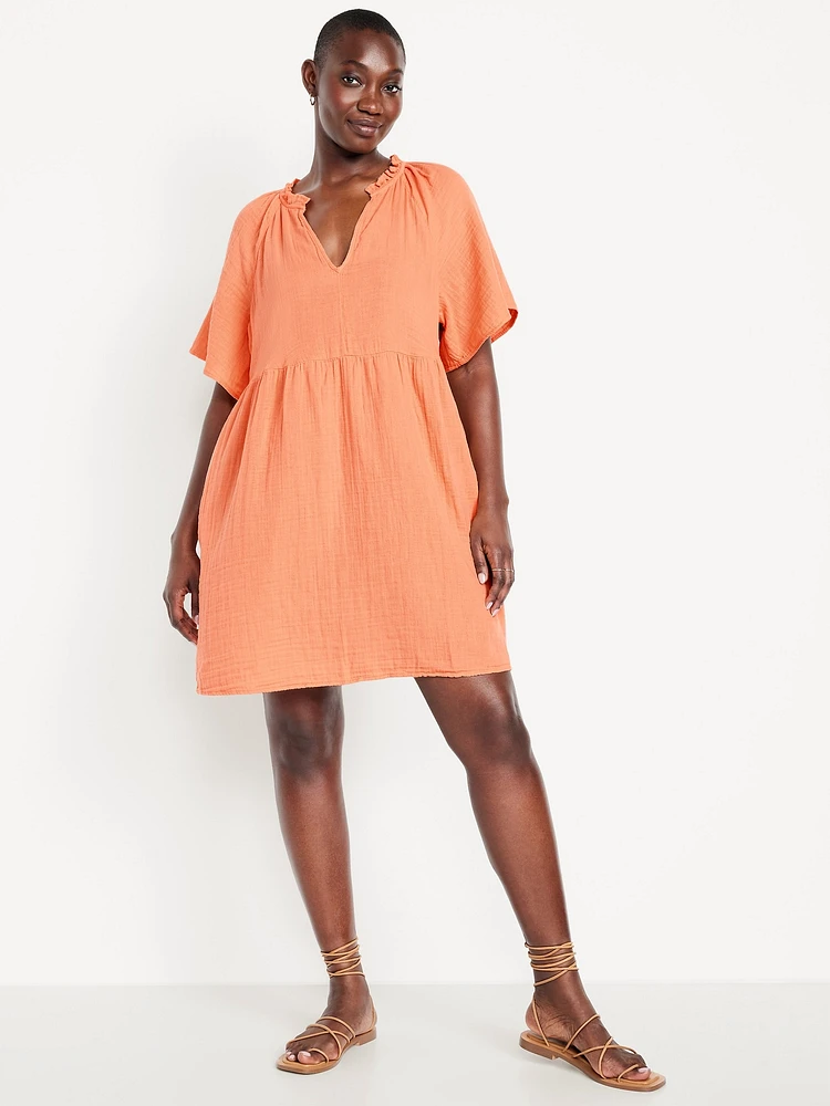 Split-Neck Crinkle Gauze Mini Swing Dress