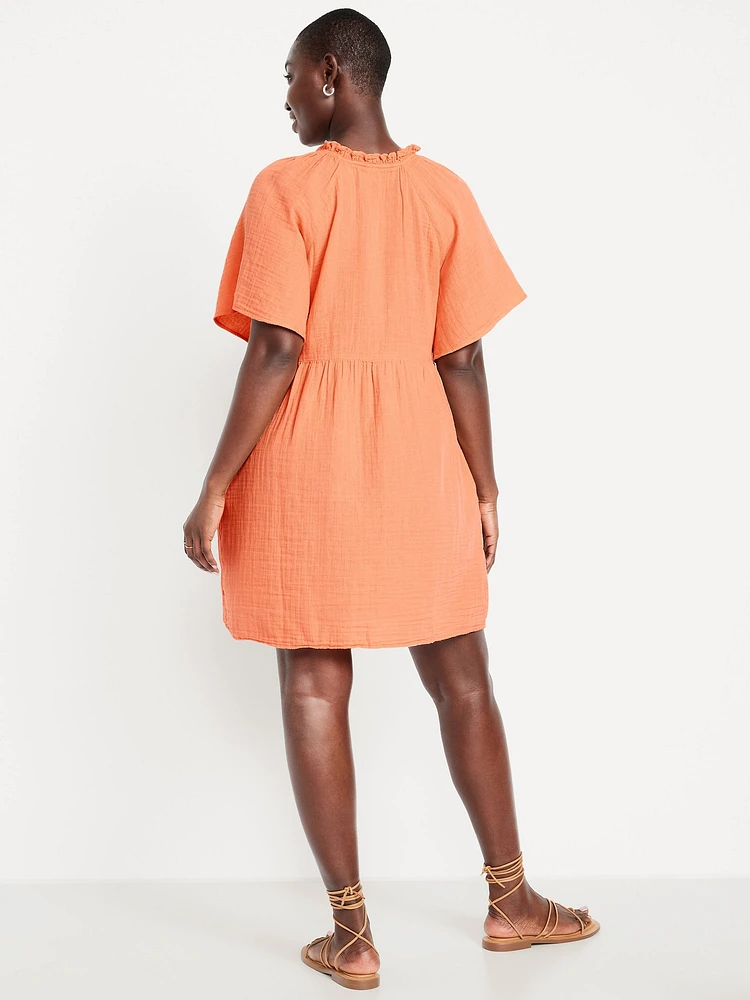 Split-Neck Crinkle Gauze Mini Swing Dress