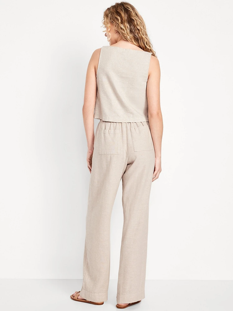 High-Waisted Linen-Blend Straight Pants