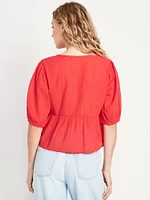 Crinkle Gauze Button-Down Embroidered Top