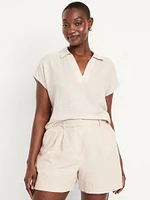 Linen-Blend Cropped Popover Shirt