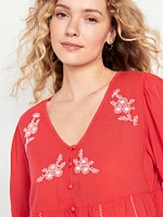 Crinkle Gauze Button-Down Embroidered Top