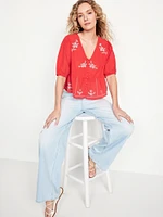 Crinkle Gauze Button-Down Embroidered Top