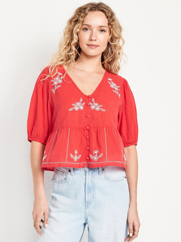 Crinkle Gauze Button-Down Embroidered Top