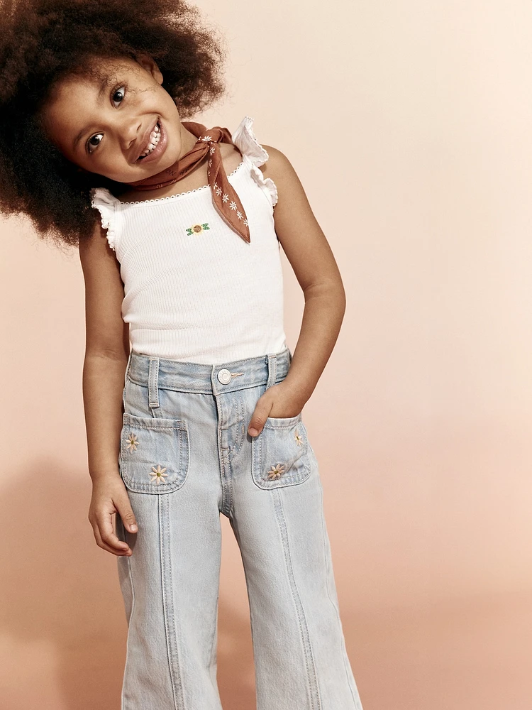 Fitted Embroidered Ruffle-Trim Cami Top for Toddler Girls