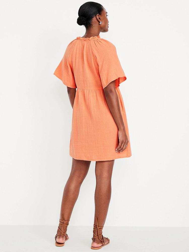 Split-Neck Crinkle Gauze Mini Swing Dress