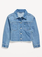 Oversized Floral-Back Cut-Off Jean Jacket for Girls