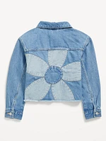 Oversized Floral-Back Cut-Off Jean Jacket for Girls