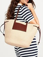Faux-Leather Drawstring Straw Tote