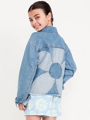 Oversized Floral-Back Cut-Off Jean Jacket for Girls