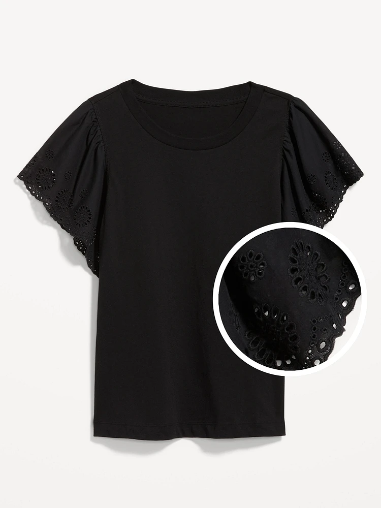 Cutwork-Sleeve Mixed Fabric Top
