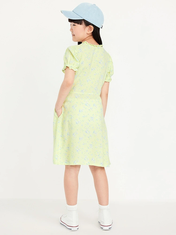 Printed Short-Sleeve Button-Front Fit and Flare Dress for Girls